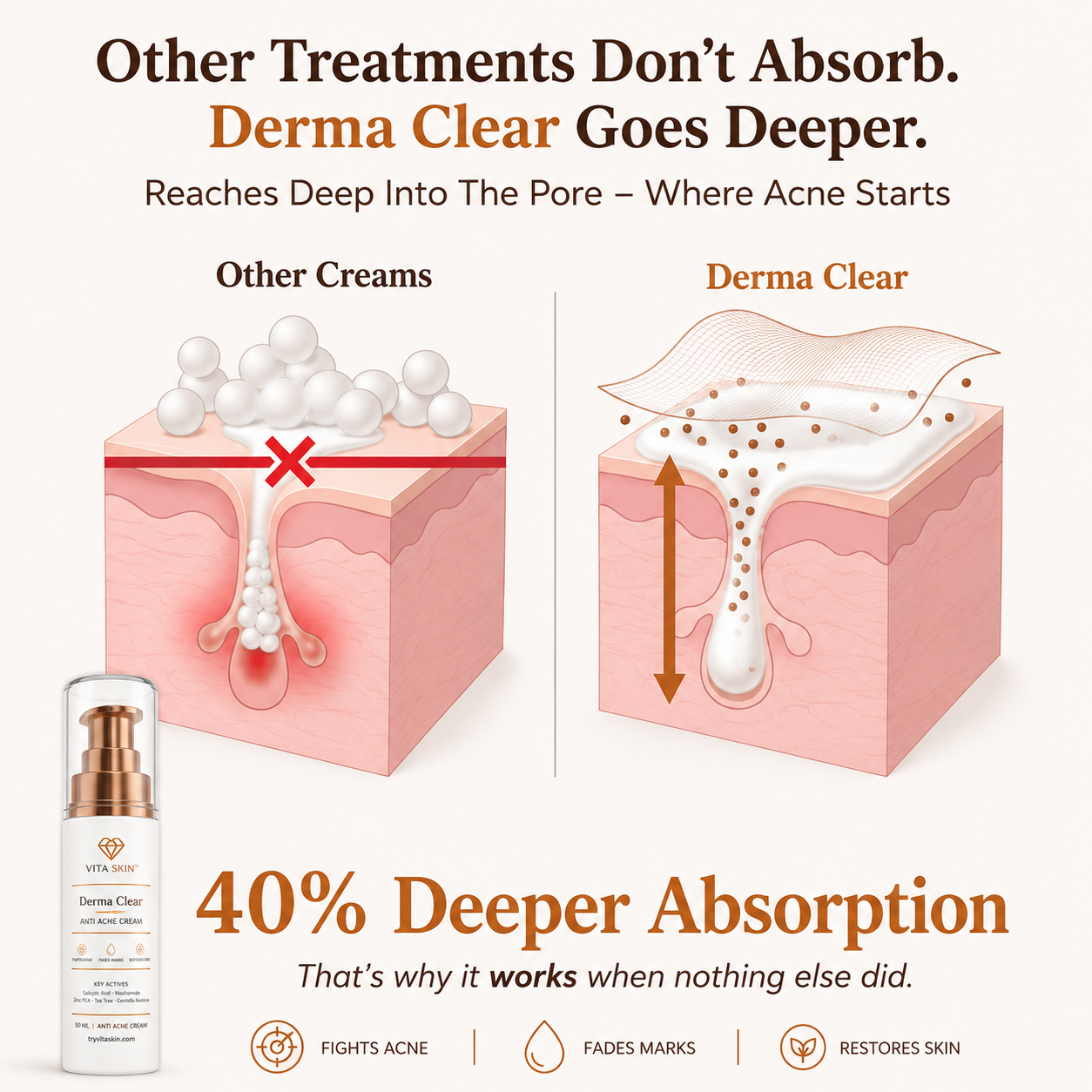 Derma Clear anti-acne cream penetrates pores for deeper absorption, fights acne, fades marks, restores skin
