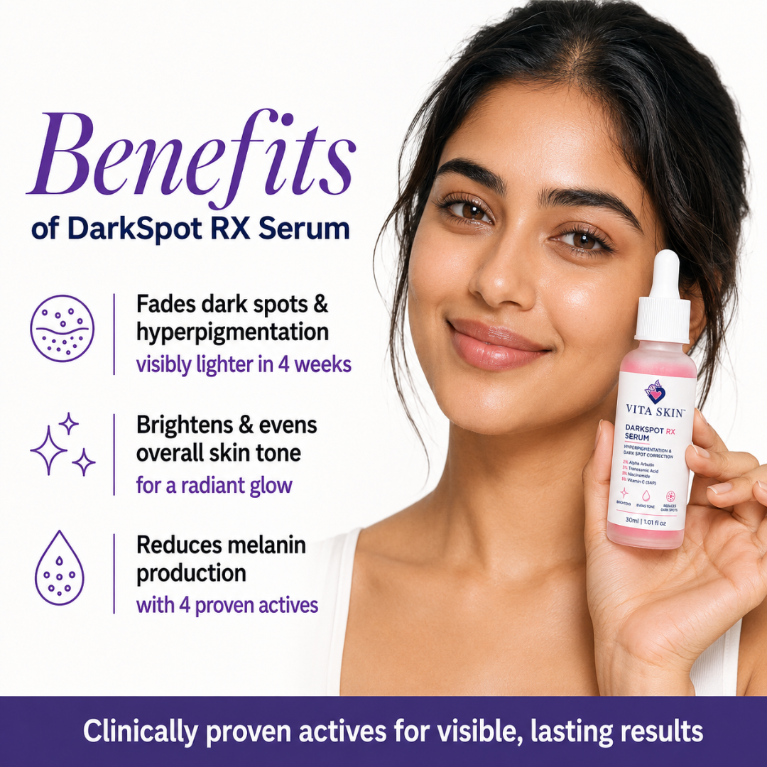 Woman holding dark spot serum bottle, showcasing benefits for fading hyperpigmentation and brightening skin tone