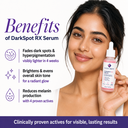 Woman holding dark spot serum bottle, showcasing benefits for fading hyperpigmentation and brightening skin tone