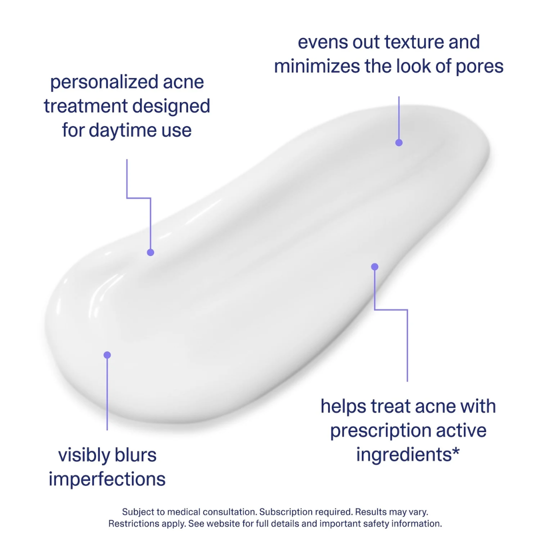 White acne treatment cream swatch with benefits: evens texture, minimizes pores, blurs imperfections, treats acne