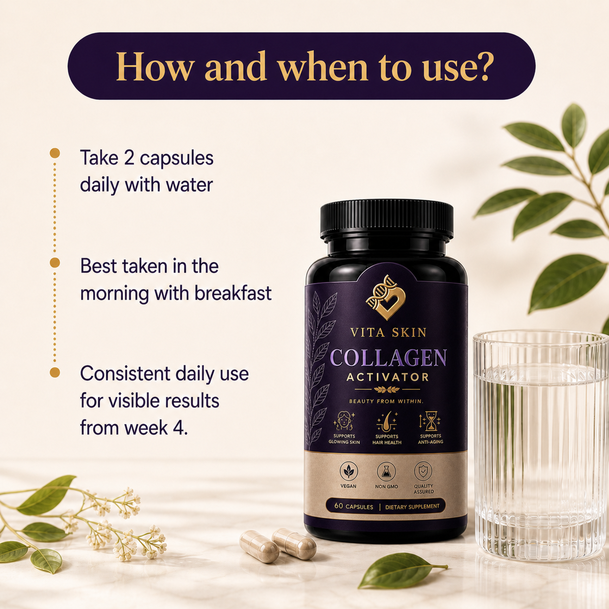 Vegan collagen activator capsules for glowing skin, hair health & anti-aging — take 2 daily with water